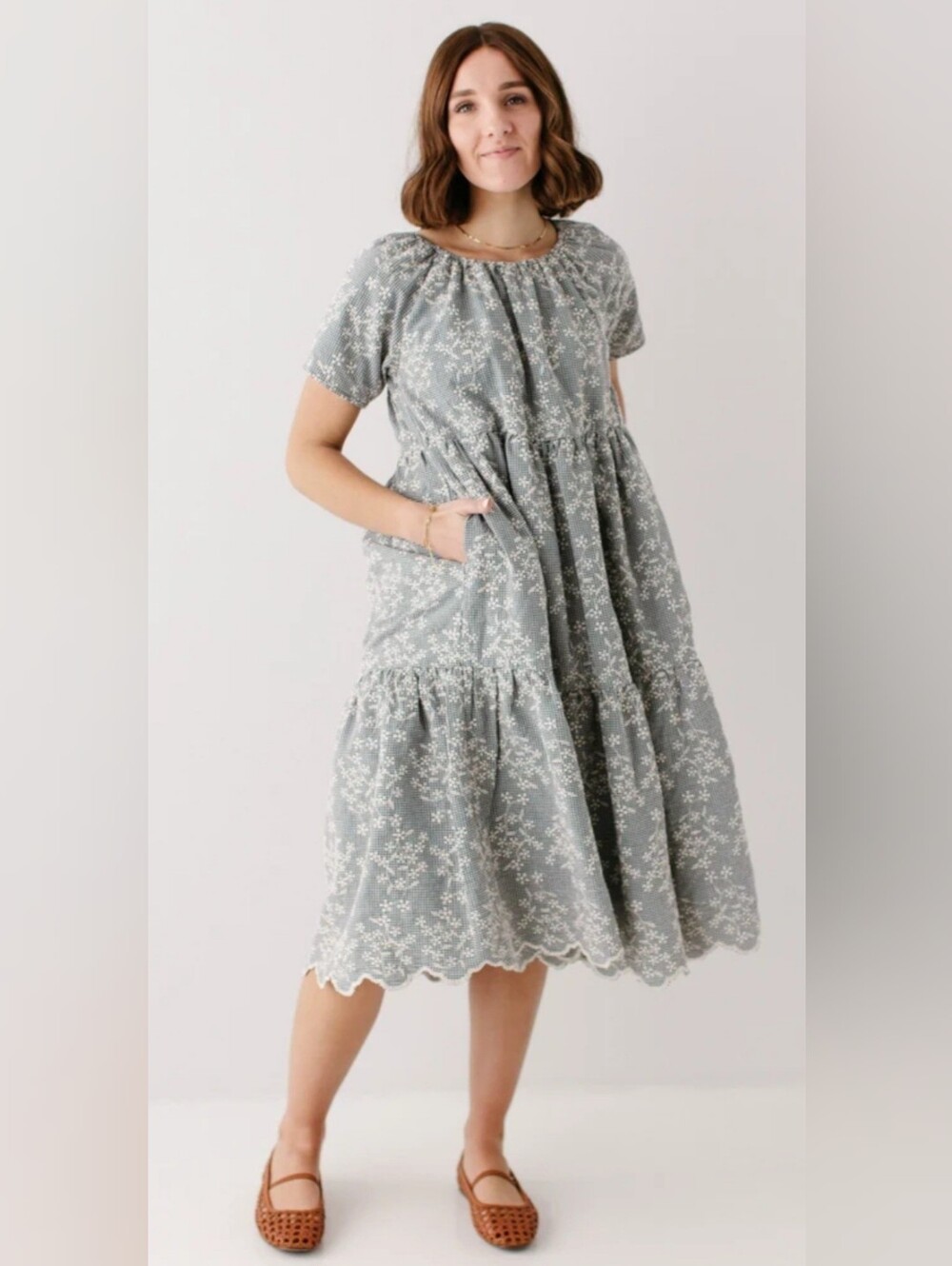 The Main Street Exchange Women's Embroidered Floral Gingham Midi Dress Size M